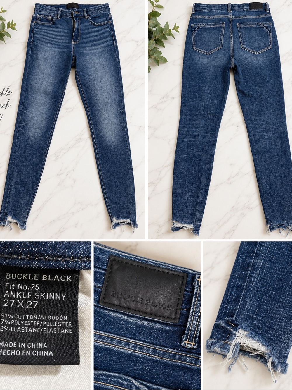Buckle Black Dark Indigo Ankle Skinny Jeans with Distressed Hem